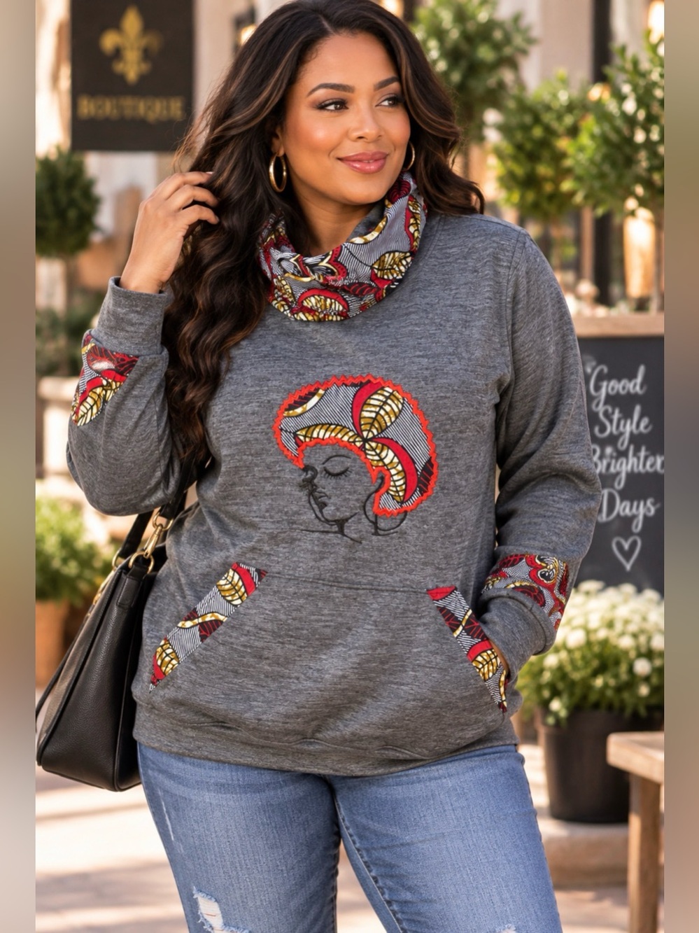 Anningtex Diamond African Print Embroidered Cowl Neck Sweatshirt M
